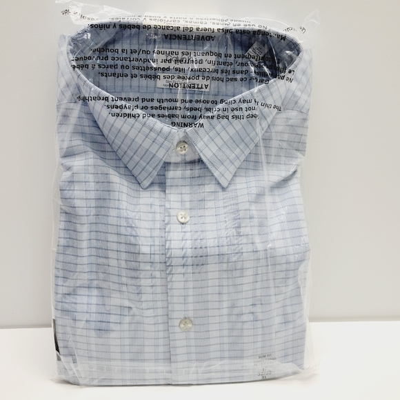 Calvin Klein STEEL+ Slim-Fit Non-Iron Stretch Blue Check Dress Shirt 17 32/33 XL - Picture 3 of 14
